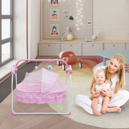 Baby swing with 12 songs, Bluetooth & USB connection, 5 swing speeds, foldable design, energy-saving timer, safety belt, and ant