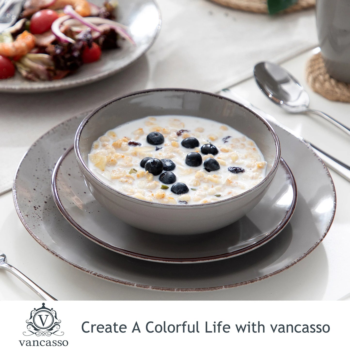 Vancasso Navia Grey 16/32/48-Piece Ceramic Stoneware Dinnerware Set with Dinner Plate,Dessert Plate,800ml Bowl,Mug Tableware Set