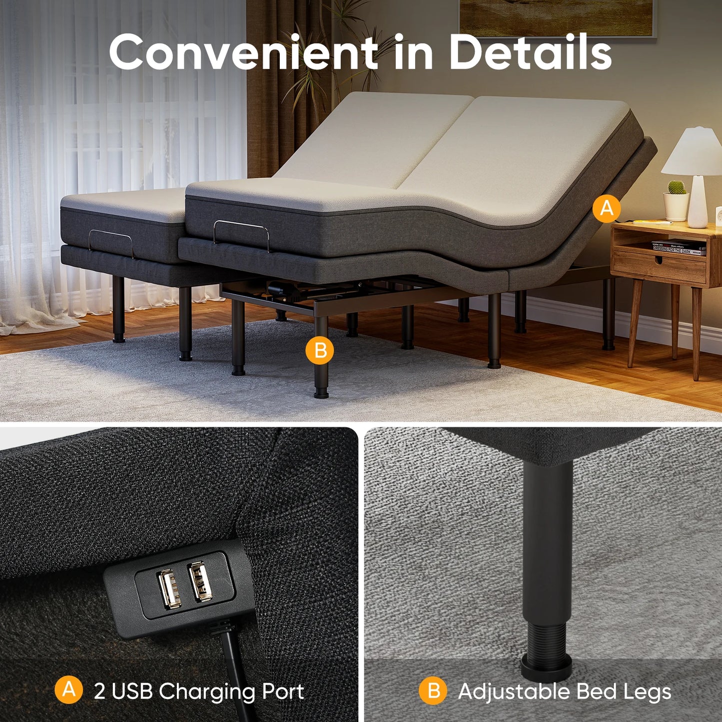 Massaging Zero Gravity Adjustable Bed with Wireless Remote USB Ports Head Foot Incline with 3-speed Quiet Motor