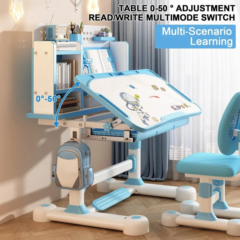 Kids Functional Desk and Chair Set, Ergonomic Height Adjustable Children School Study Desk with Tilt Desktop, Book Stand, Metal