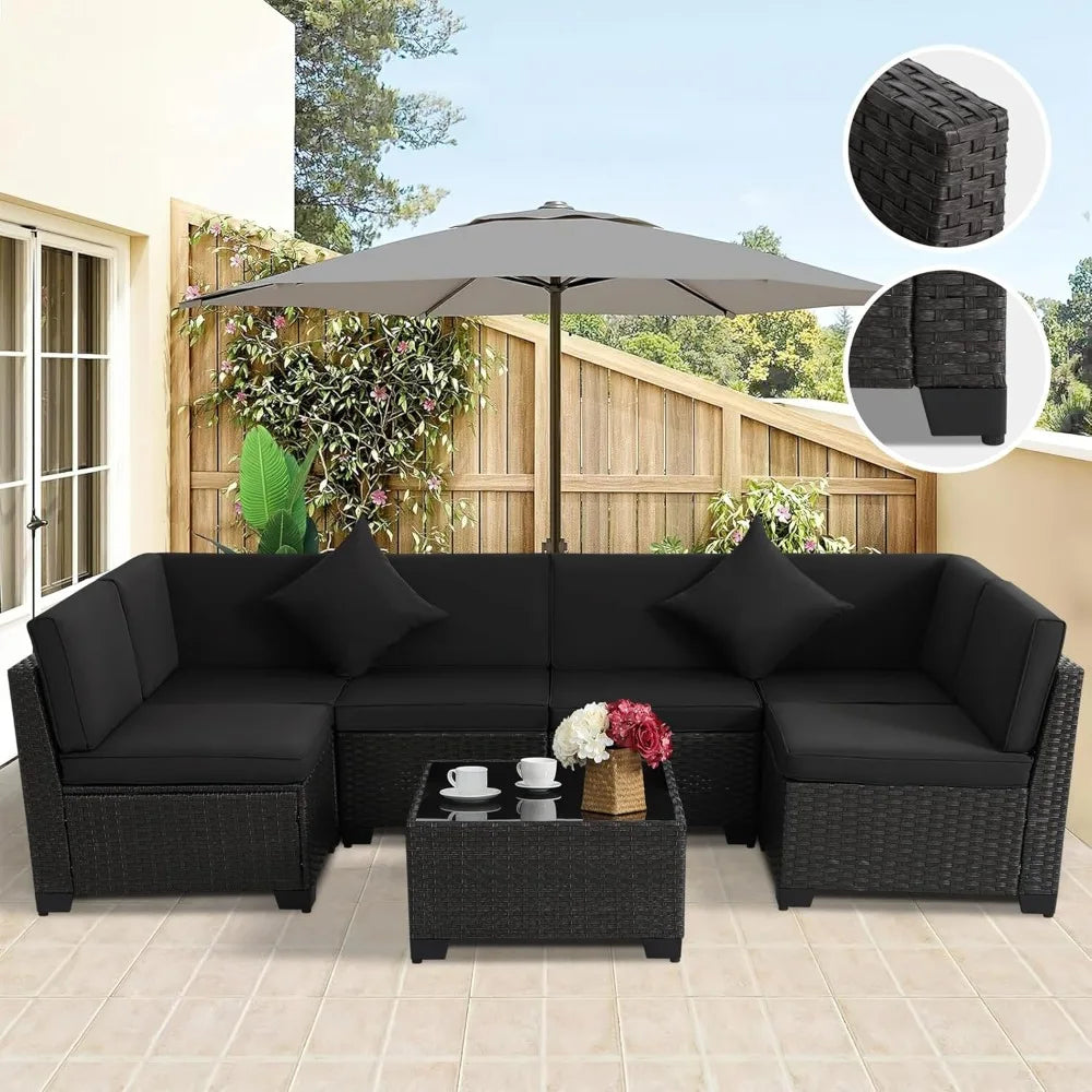 7 Pieces Patio Furniture Sets, Outdoor Furniture Patio Conversation Set, All Weather PE Rattan Sectional Sofa with Cushions