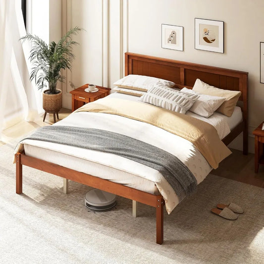Full Size Wood Platform Bed with Headboard, Mid Century Solid Wood Full Bed with Slat Support, Double Bed Frame with 16" Under