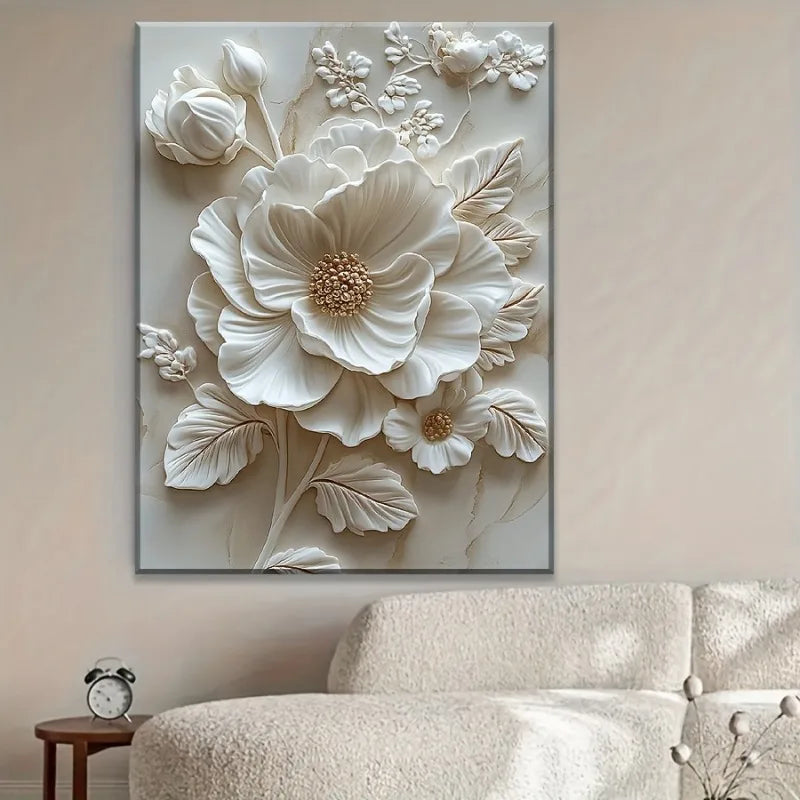 White Flower Pattern Wood Frame Canvas Mural Living Room
