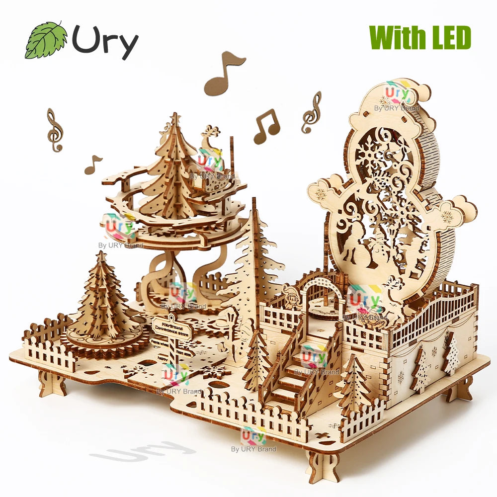 Ury 3D Wooden Puzzle Christmas Deer Carriage Music Box Light