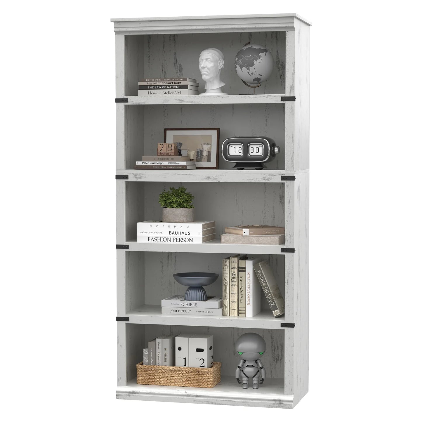 5 Tier Bookcase, Farmhouse Book 3-5 Shelf with Storage Open Display Bookshelves, Home Decor Furniture for Home Office, Bed Room