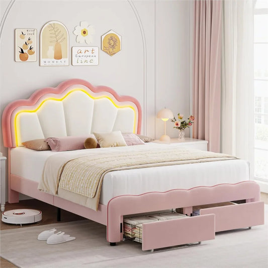 Full Upholstered LED Bed Frame with Storage Drawers, with Adjustable Lotus Headboard, Velvet Princess Platform Bed Frame