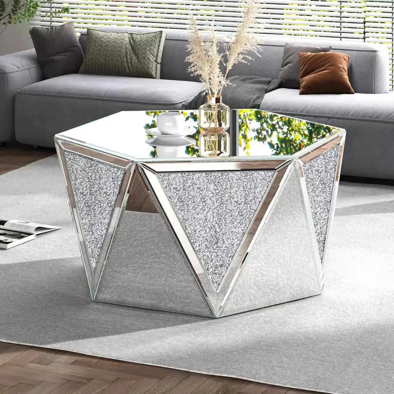 XMSJ Modern Glass Mirror Diamond Coffee Crystal End Table