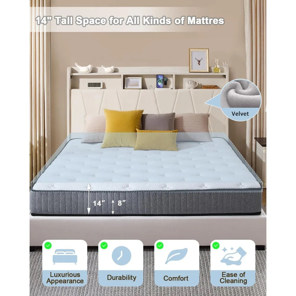 Full Size Bed Frame, Velvet Upholstered LED Platform Bed with Headboard Storage, Bed Frame Full Built-in Charging Station with 4