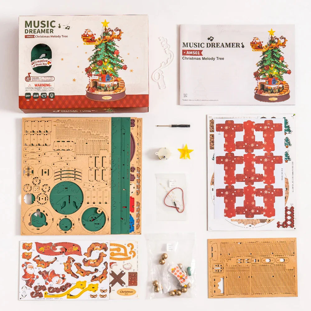Robotime Rolife Christmas Melody Tree Music Boxes 3D Wooden Puzzle with Light Perfect Gifts for Family  Easy Assemble Toys