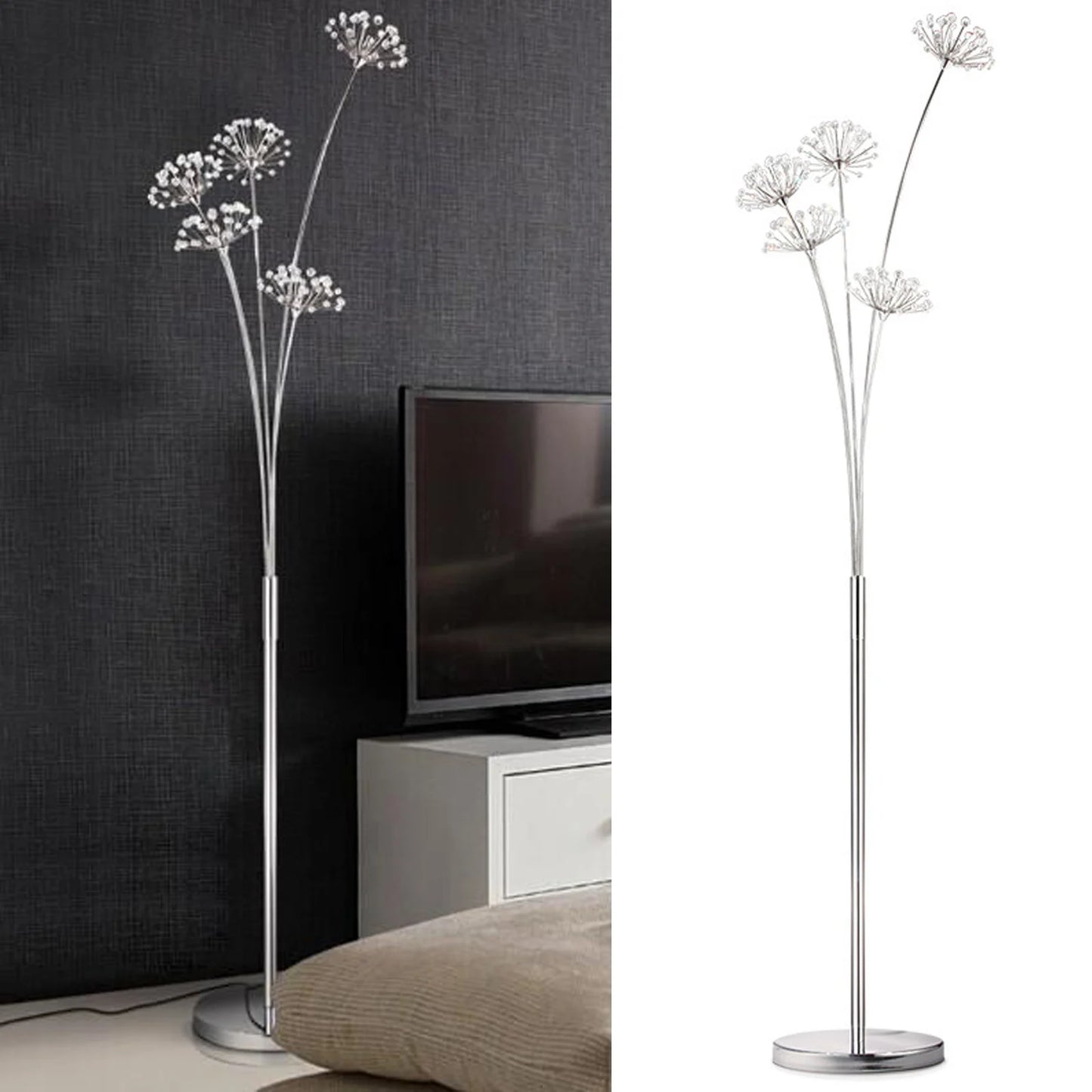 Silver Crystal Floor Lamp, 5-Head, Modern Design, 175cm Height, Stylish Lighting for Living Room