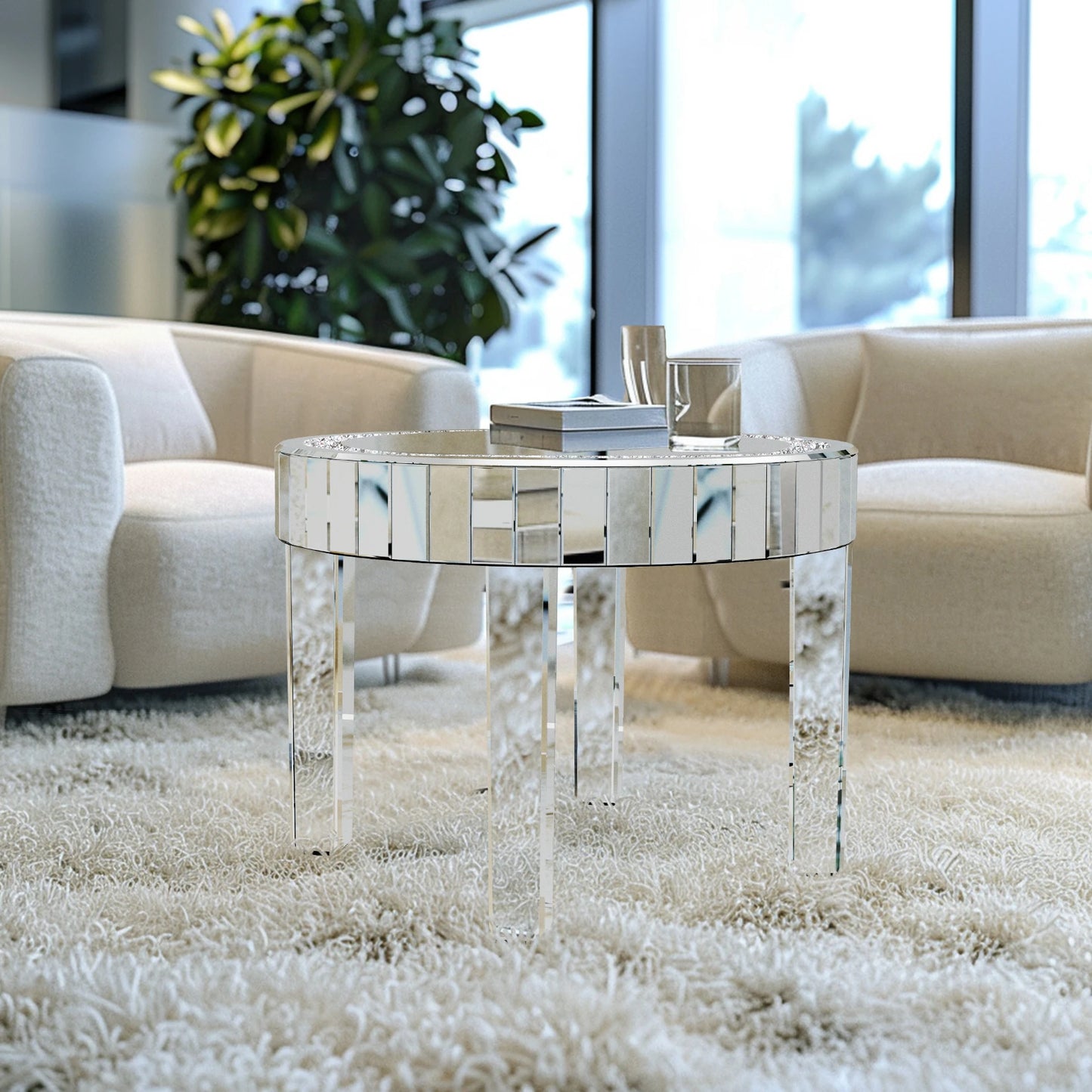 LUVODI Luxury Round Mirrored Side Table Crystal Inlay