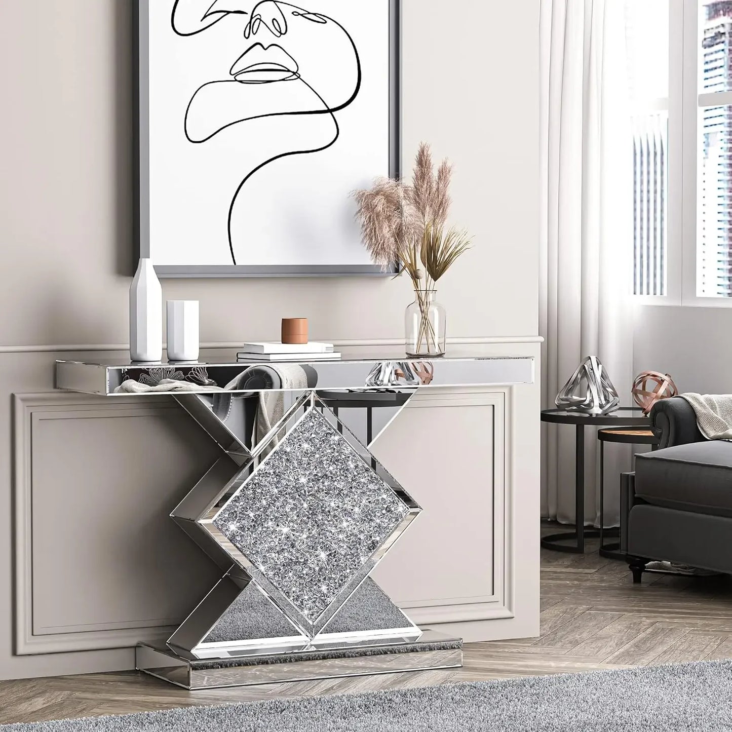 SHYFOY Mirrored Diamond Console Table For Foyer Accent
