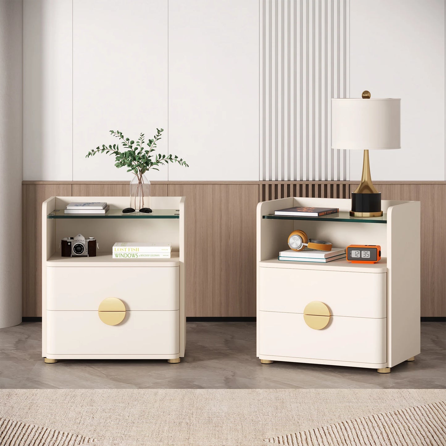 Tribesigns Nightstands, 2-Drawer Modern Night Stand with Open Storage Space, Wood Bed Side Table, Tempered Glasses End Table