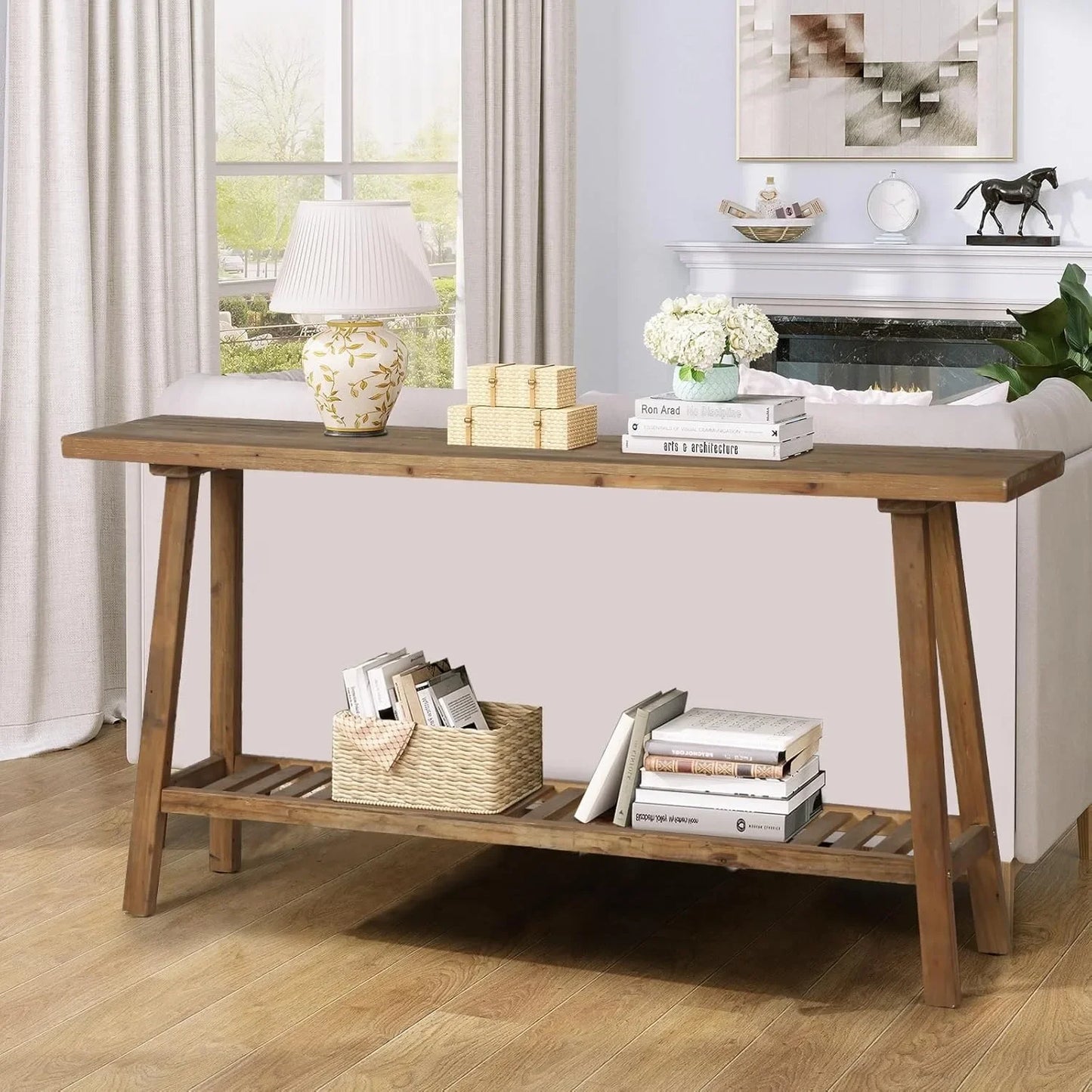 59" Long Reclaimed Solid Wood Console Table Farmhouse Style Entryway Rectangular Sofa Couch Table for Living Room
