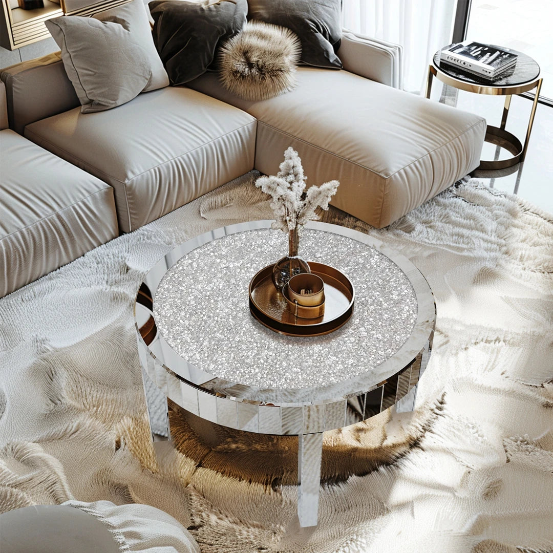 Luxury Round Mirror Coffee Table Crystal Diamonds Inlay