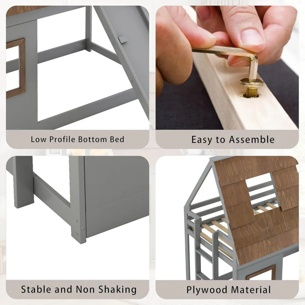 Twin Over Twin Wood Bunk Bed With Window Roof Guardrail