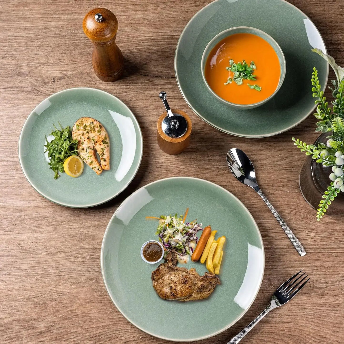 Ceramic Dinnerware Sets for 6, 18 Pieces Stoneware Plates and Bowls Sets, Reactive Glaze Dishes -Scratch Resistant, Dishwasher&M