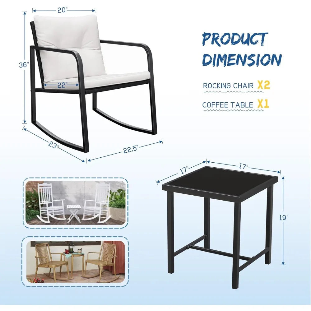 3 Pieces Rocking Wicker Bistro Set, Patio Outdoor Furniture Conversation Sets with Porch Chairs and Glass Coffee Table