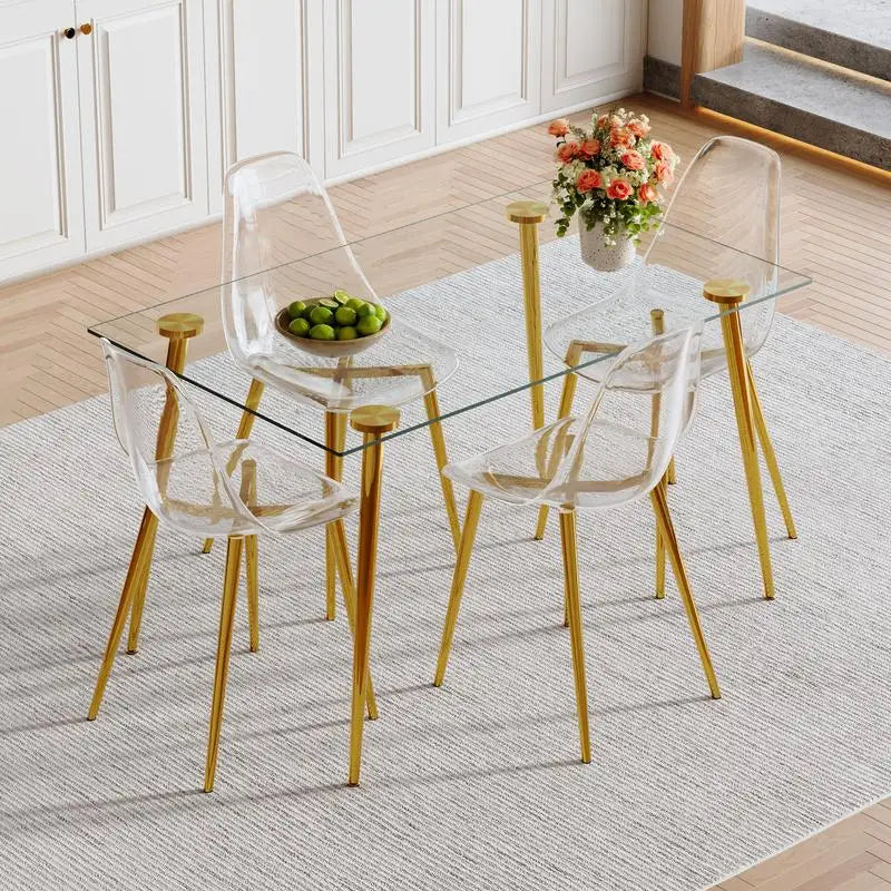 Modern Luxurious Rectangular Glass Dining Table Set with 4 Clear Plastic Chairs and Gold Metal Legs for Comfortable Home