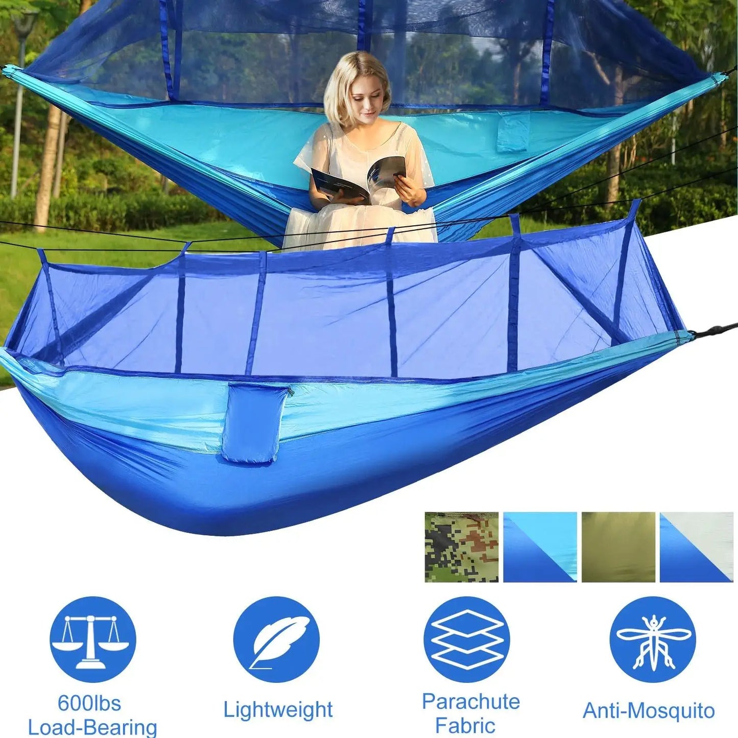 Portable Double Camping Hammock with Mosquito Net - 600lbs Capacity for 2, Nylon Swing Bed, Includes Strap & Carry Bag