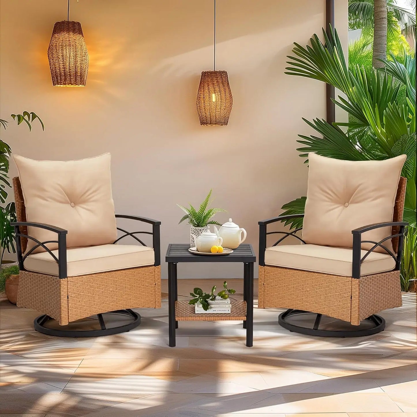 3 Pieces Patio Furniture Set, Outdoor Swivel Patio Rocker Chairs with Thick Cushions and 2-Tier Coffee Table