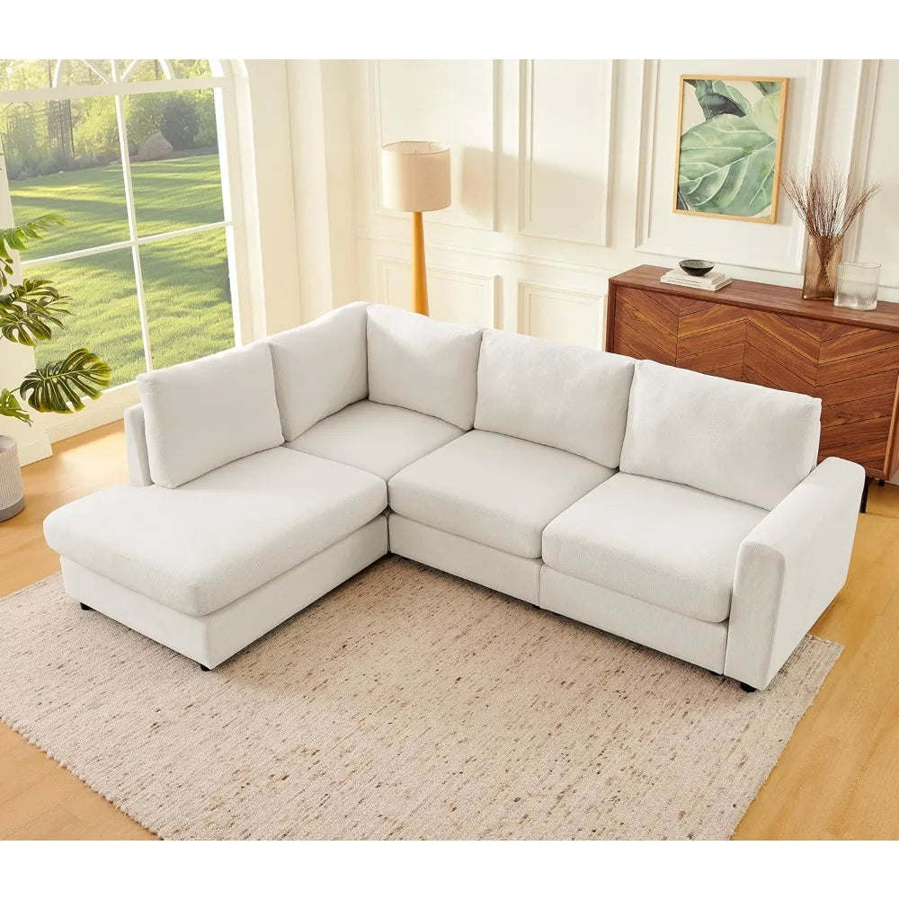 100" L Shaped Sectional Couch with Chaise, Modern Beige Sectional Couches for Living Room, Comfy Chenille 4-Seater Corner Sofa