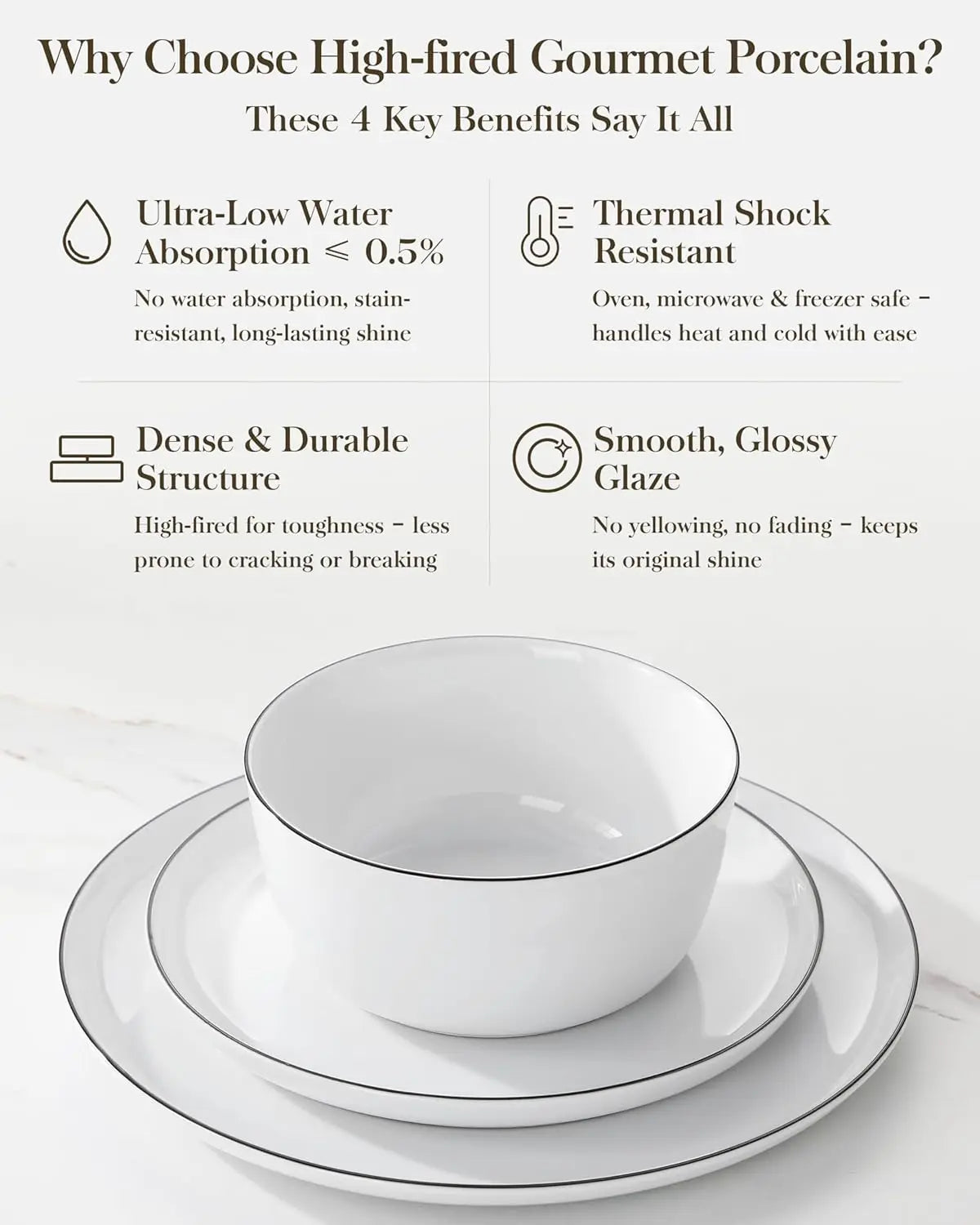 18 Pieces Gourmet Porcelain Dinnerware Sets, Premium Plates and Bowls Set, High-Fired Dishes Set for 6, Chip & Scratch Resistant