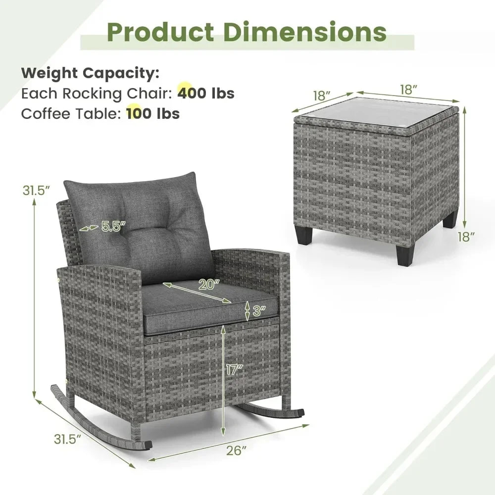 3 Piece Patio Furniture Rocking Bistro Set, Wicker Outdoor Rocking Chairs & Glass Table, PE Rattan Conversation Set