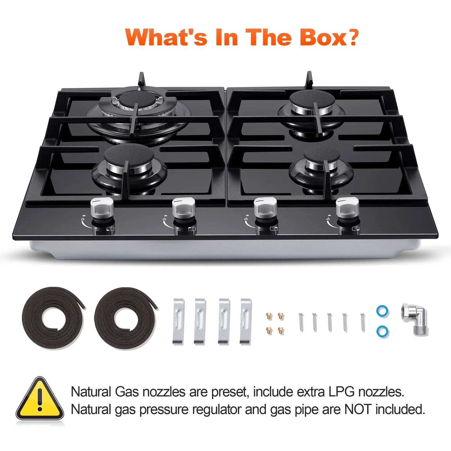 Tieasy 24 Inch 4 Burner Built-in Tempered Glass NG/LPG Convertible Thermocouple Protection Child lock Gas Cooktop GH003-244G
