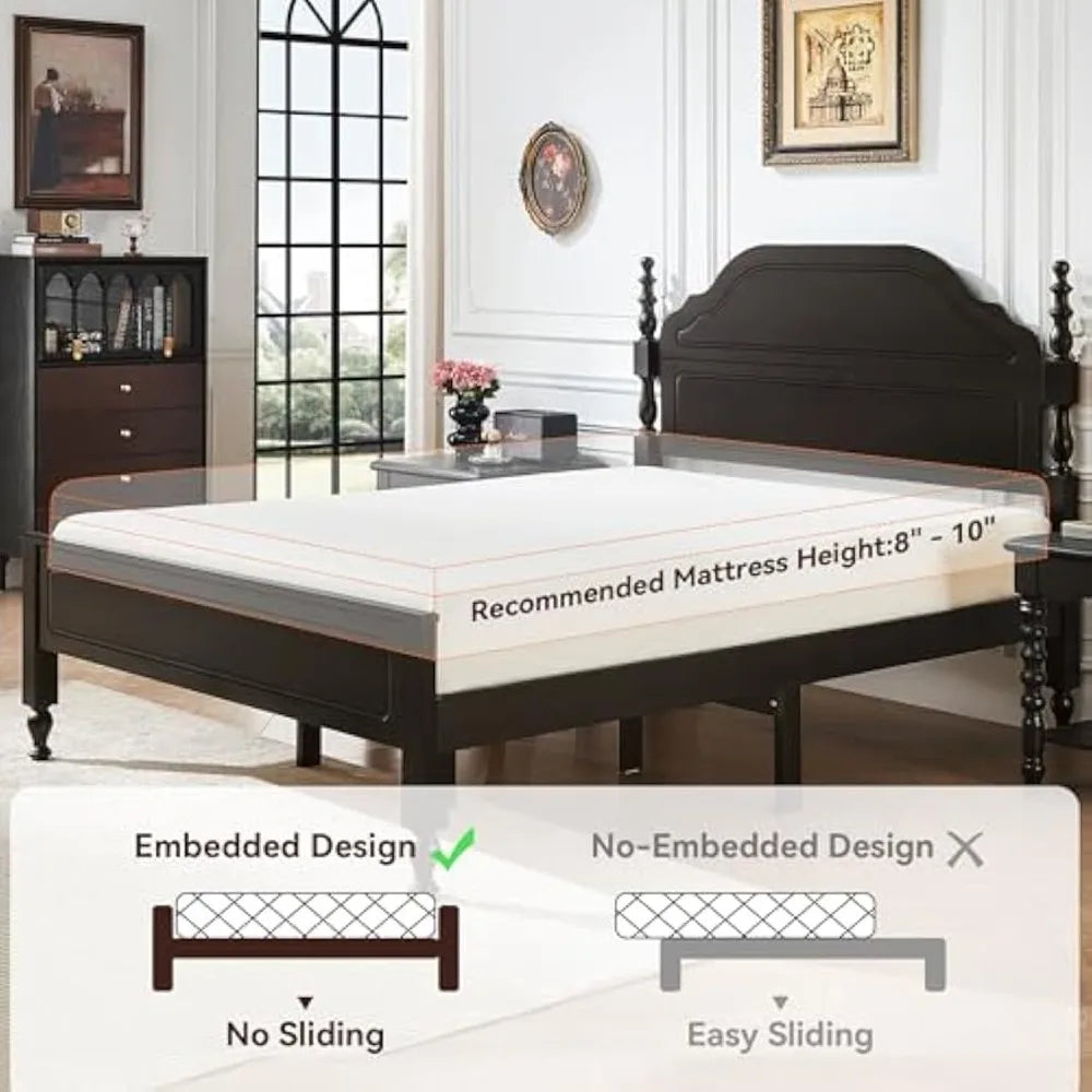 BedsPick Solid Wood Bed Frame Queen Size, Wooden Retro Style Queen Bed Frame with Headboard and Footboard, Heavy Duty Bed Frame