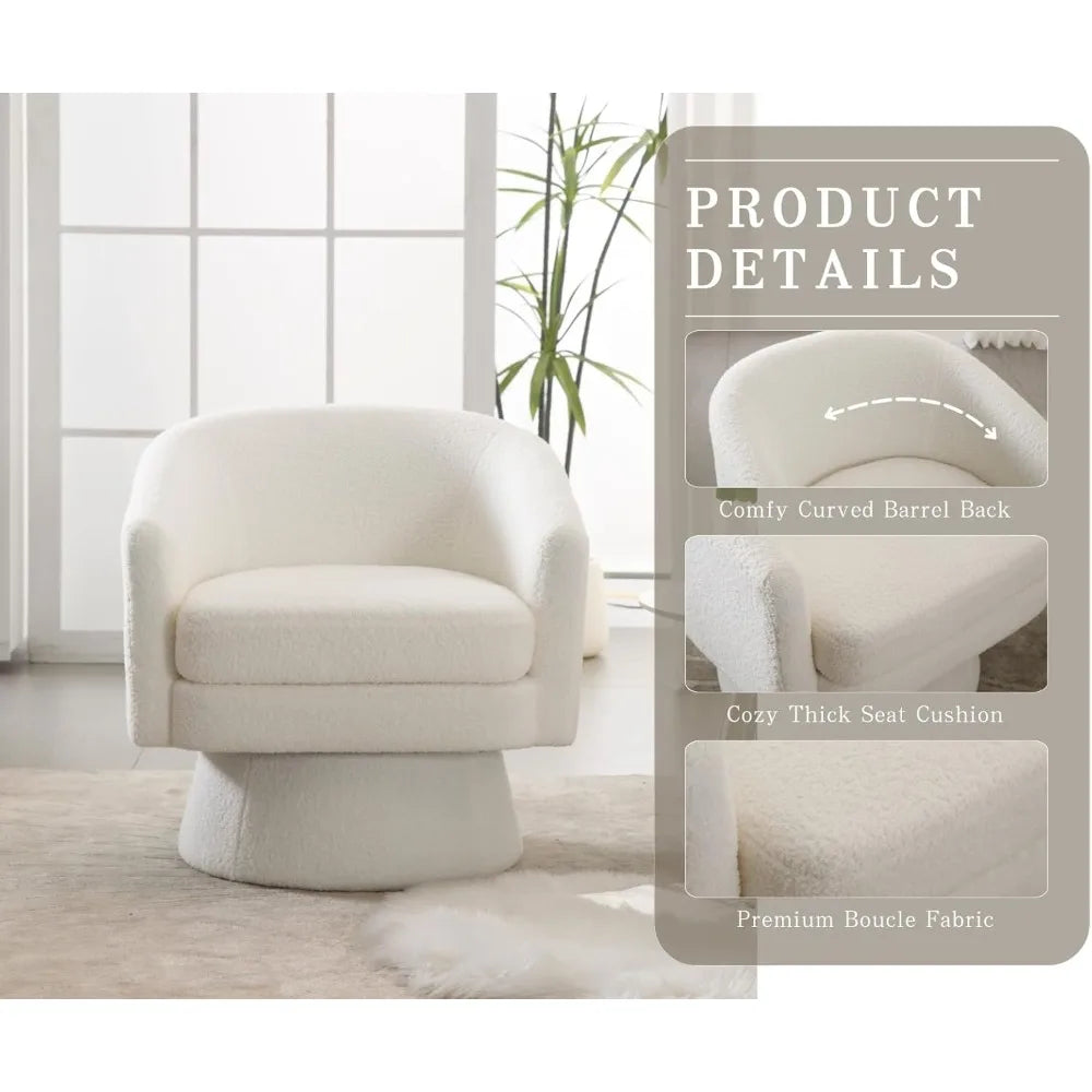 Boucle Swivel Accent Chair White Barrel Arm Chair Round Cozy Upholstered Modern Sherpa Fabric Single Sofa Chair for Living Room/