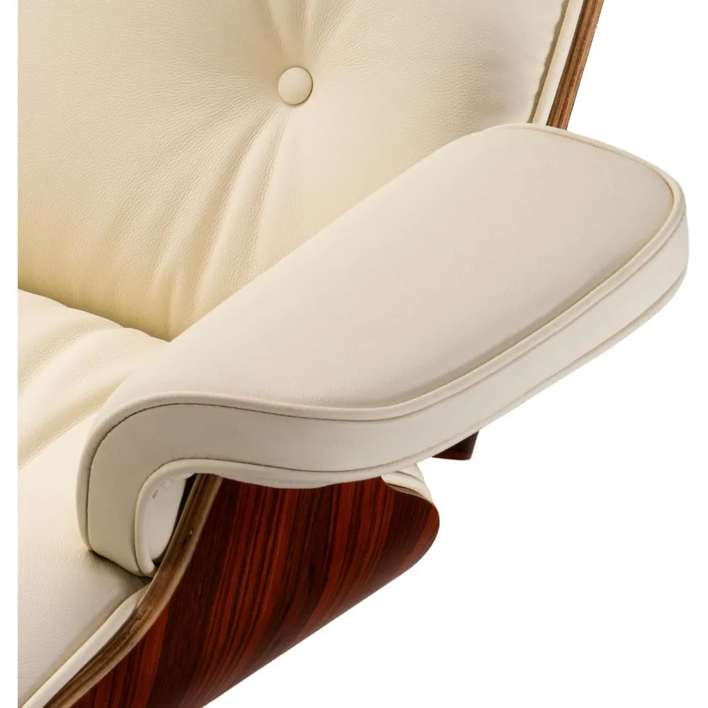 Chaise Lounge Chair with Ottoman Genuine Leather High-Resilience Foam Cushions Mid Century Modern Ergonomic Design