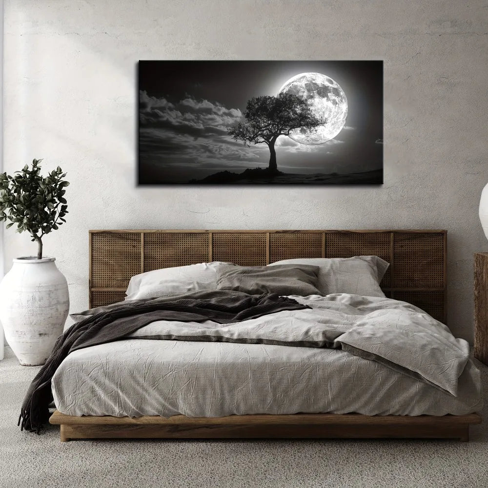 Floral Moon Tree Canvas Wall Art in Wood Frame Decor