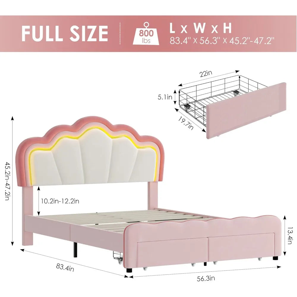 Full Upholstered LED Bed Frame with Storage Drawers, with Adjustable Lotus Headboard, Velvet Princess Platform Bed Frame