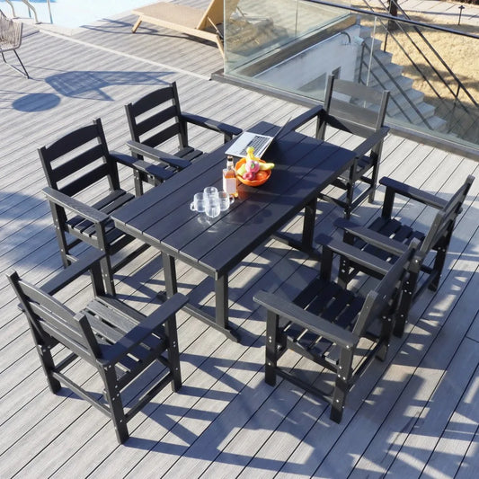 7 Piece HDPE Patio Outdoor Furniture Set for 6, Dining Table and Chairs,51'' Outdoor Dining Table , Outdoor Dining Set