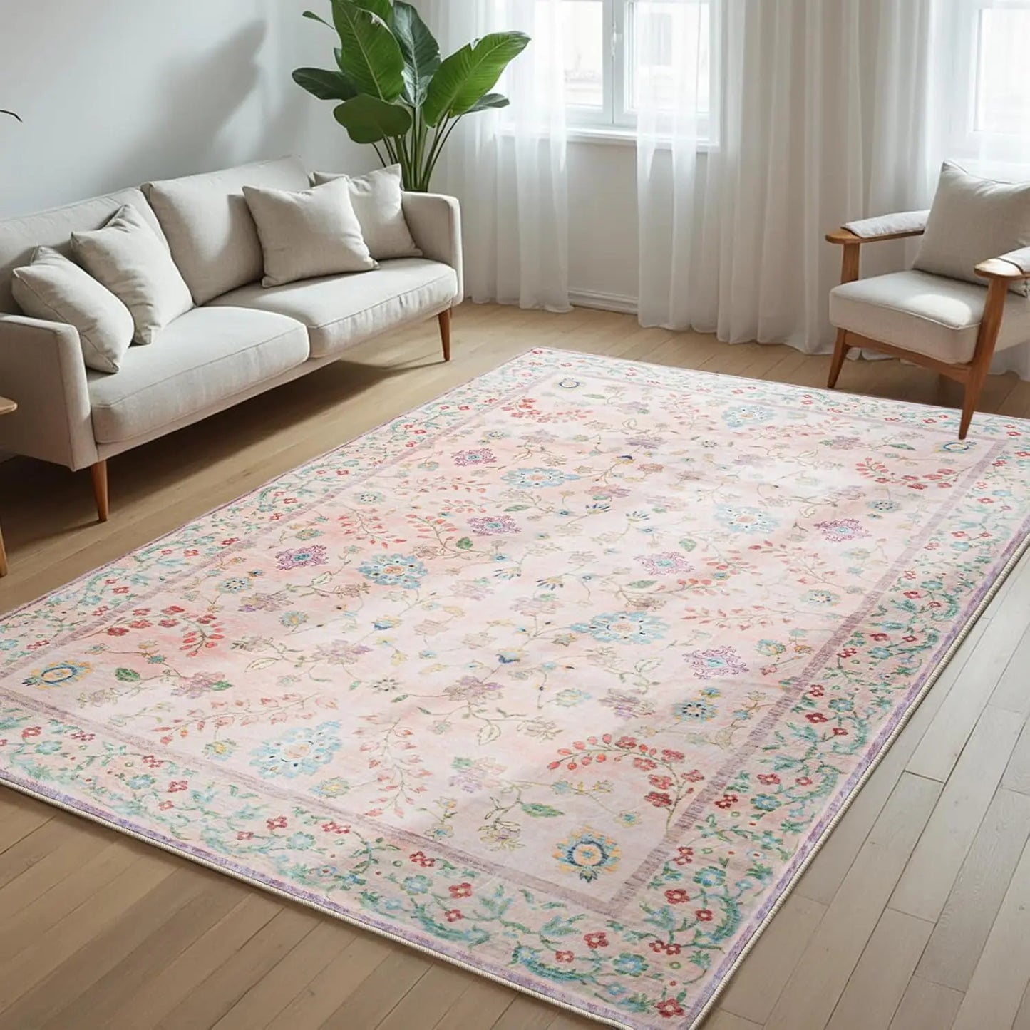 Area Rug Washable Faux Wool Throw Rugs for Living Room,  Non Slip Low Pile Vintage Boho Carpet for Ding Room, Home Office, Bedro