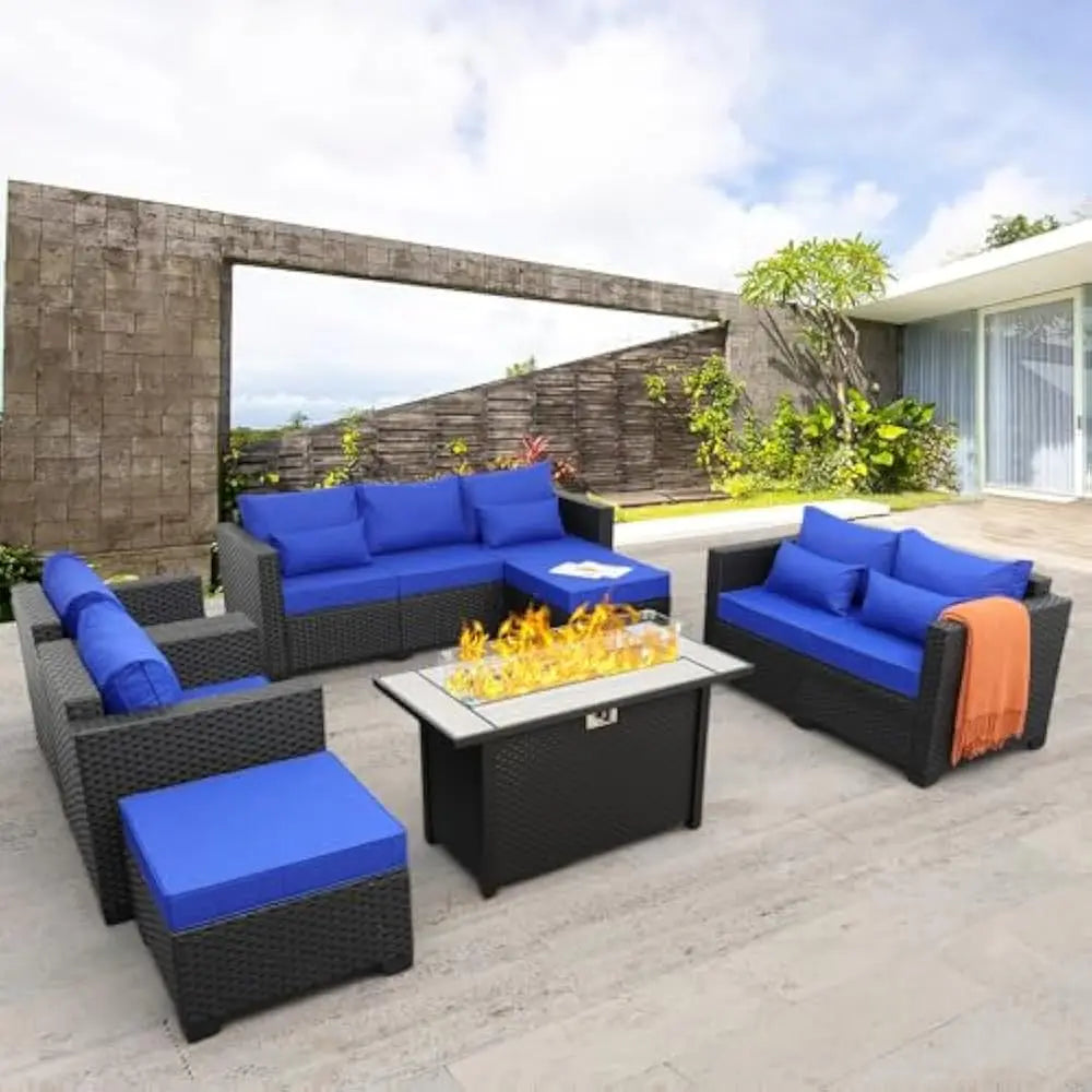 7 Piec Outdoor Furniture Set with 45-Inch Propane Fire Pit Table, No-Slip Cushions and Waterproof Covers, Wicker Furniture Set