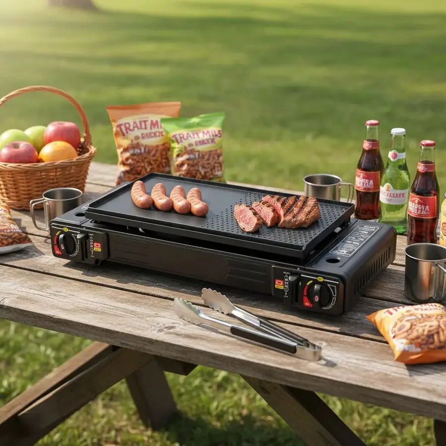 2-Burner Camping Stove Portable Gas Stove Kit Picnic Baking Tray Camping Grill Outdoor Cooking Stove with Carrying Burner LPG