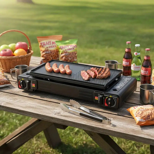 2-Burner Camping Stove Portable Gas Stove Kit Picnic Baking Tray Camping Grill Outdoor Cooking Stove with Carrying Burner LPG