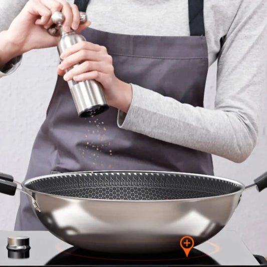 34cm Stainless Steel Cooking Wok Pan - Non-Stick Coated Frying Pan with Tempered Glass Lid - Healthy Fry Pan for Chinese Cooking
