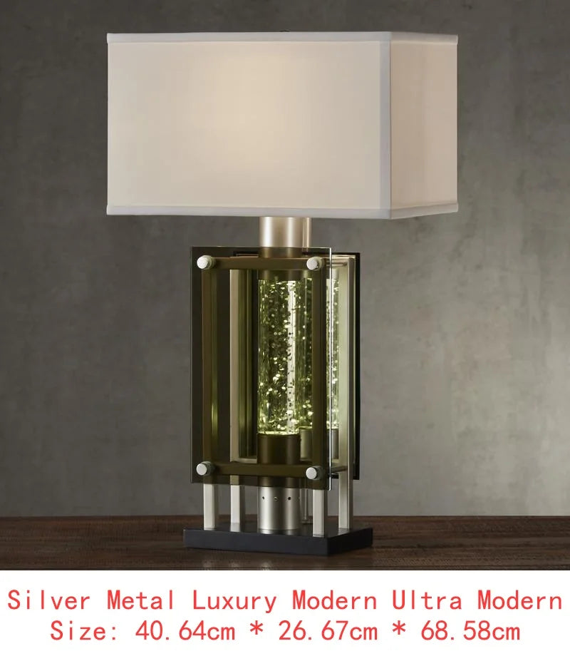 Modern Silver Finish Table Lamp for Nightstand, Water Dancing Light Home Decor, Luxury Nightlight for End Table or Sofa