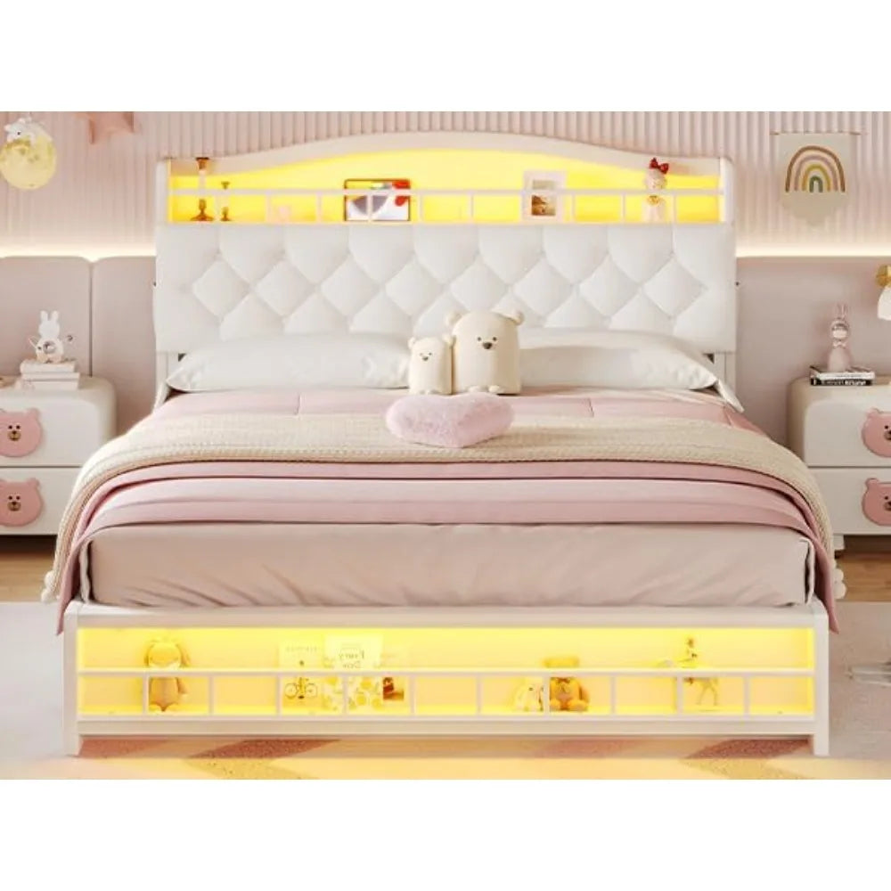 Full Size Upholstered Girl Bed with LED Lights & Charging Station, Princess Platform Bed with Hidden Storage Headboard, No Box S