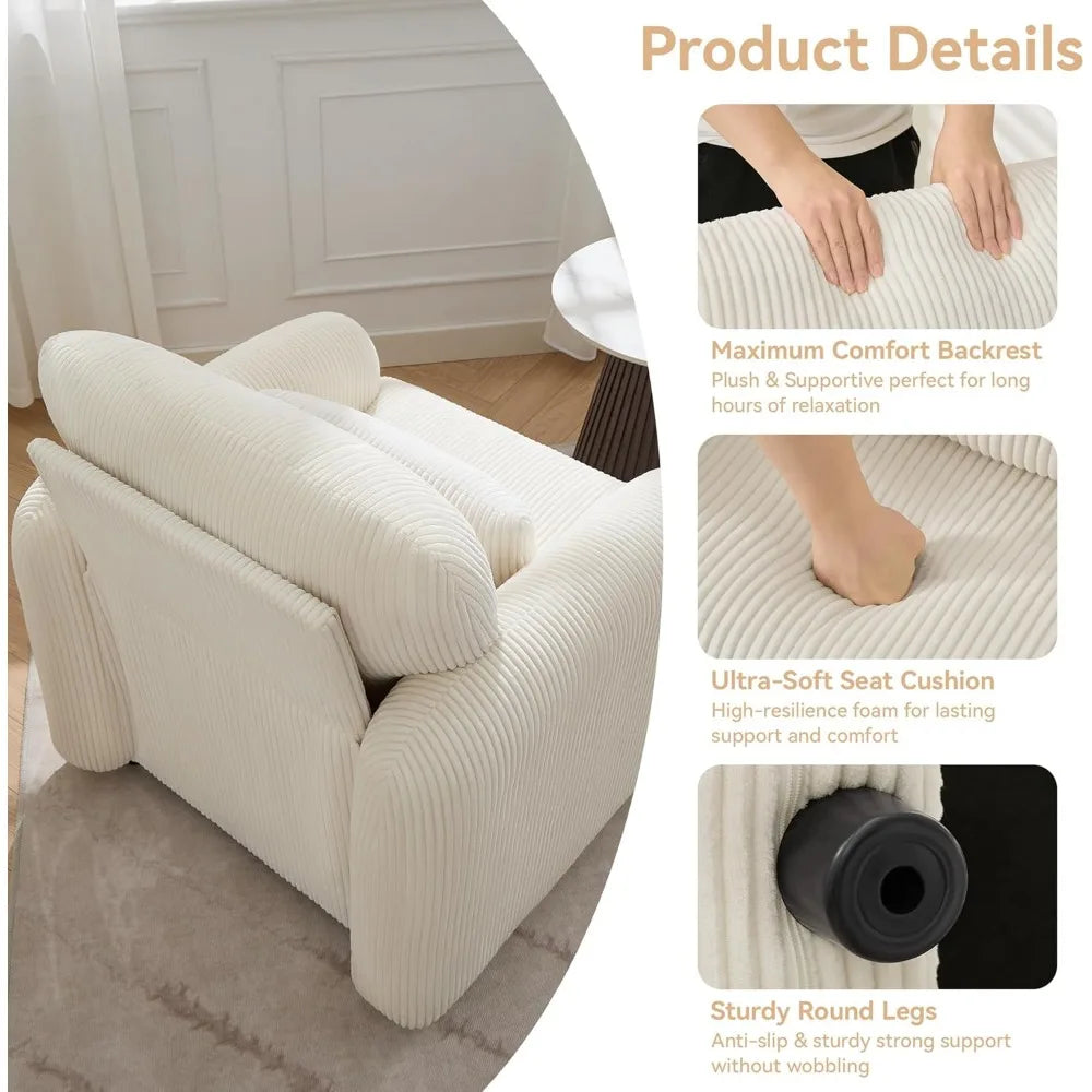 Corduroy Fabric Accent Chair, Modern Upholstered Living Room Chairs with Lumbar Pillow, Wide Comfy Leisure Armchair for Bedroom,