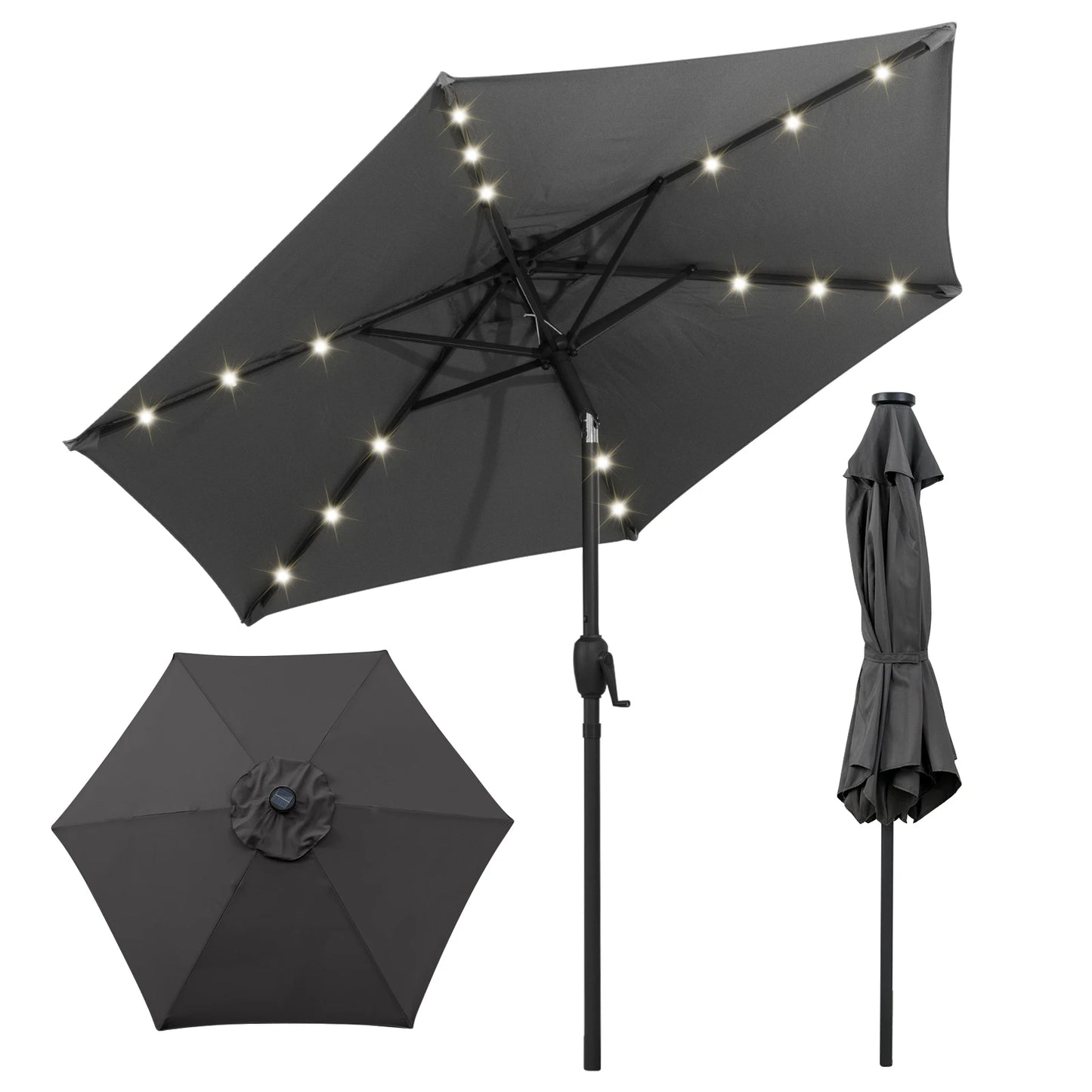 7. 5 ft Solar Powered Patio Umbrella w/ LED Lights Push Button Tilt Crank Handle