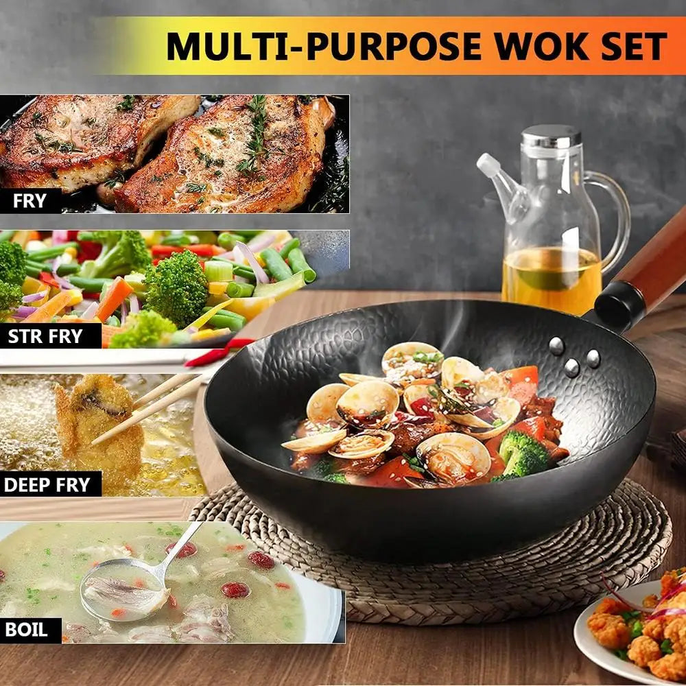 14 Piece Wok Pan Set with Wooden Lid Spatula Brush Kitchen Cookware Stir Fry Utensils Chinese Cooking Essentials