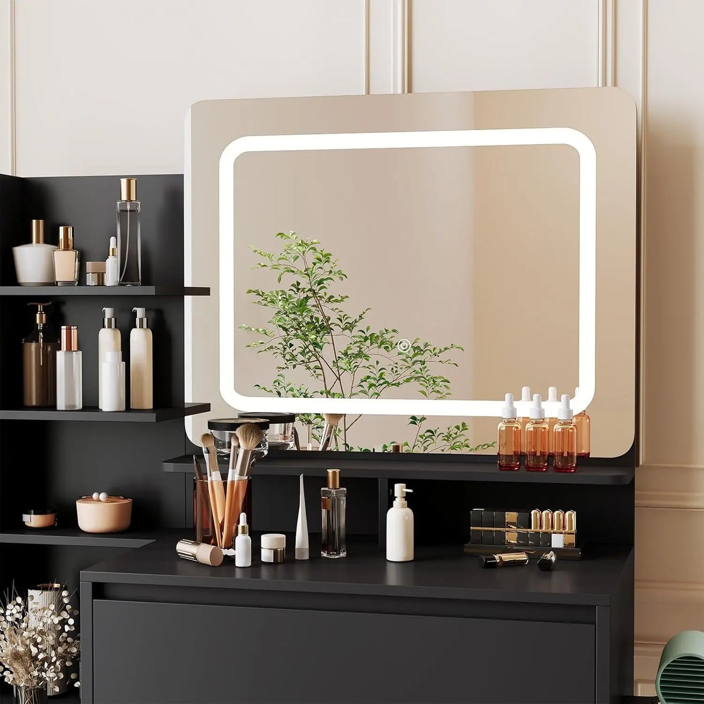 Vanity Desk with Mirror and Lights, Makeup Vanity with Adjustable Lights, Power Outlet & Storage Dressing Table with Mirror