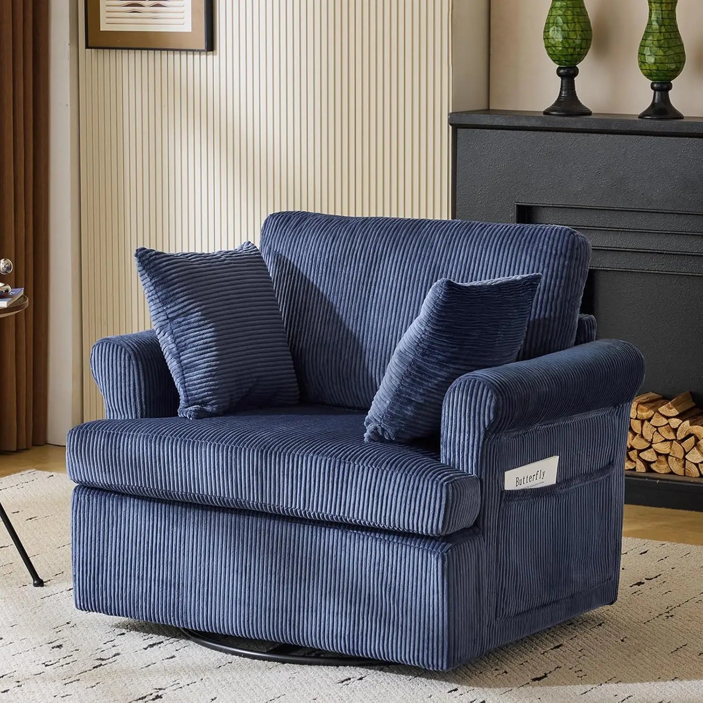 39" Swivel Accent Chair,Oversized Seat Armchair W/2 Pillows and 4 Pockets,Modern Upholstered Corduroy Barrel Chairs,Comfy