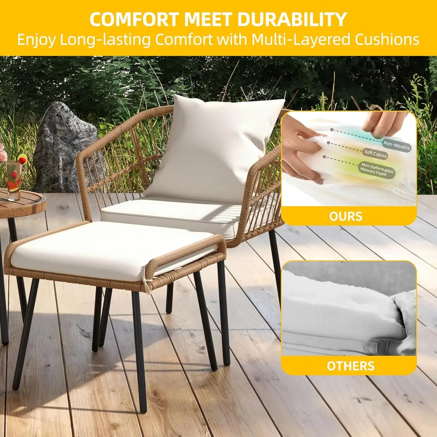5 Piece Patio Bistro Set, Outdoor Wicker Conversation Set with Ottomans and Side Table, All-Weather Durable Rattan Furniture for