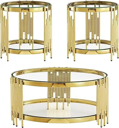 3 Piece Living Room Table Set with 1 Glass Coffee Table and 2 End Tables, 2 Tier Glass Coffee Table Set of 3 with Round Stainles