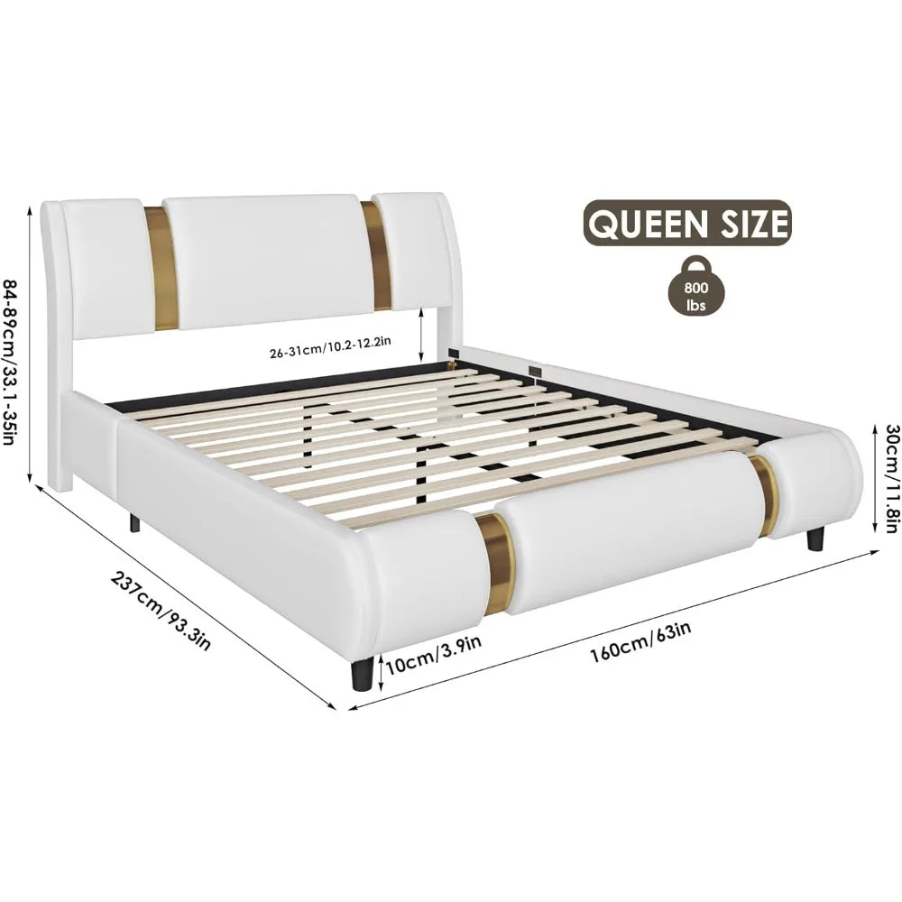 TTVIEW Modern Faux Leather Upholstered Platform Bed Frame with Golden Iron Metal Decor, Adjustable Curved Headboard, Wooden Slat